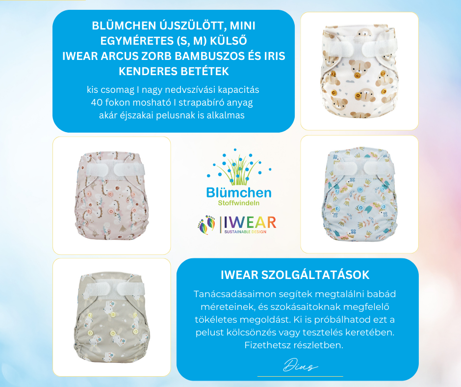 6. Blümchen újszülött, mini OS (S, M) csomag (1 db pelenkakülső dupla combgumival + 2 db IWEAR pelenkabetét - zorbos, kenderes)