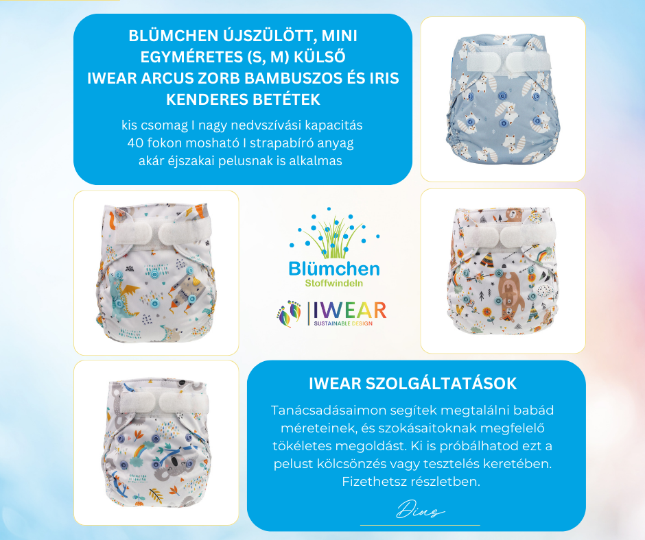 6. Blümchen újszülött, mini OS (S, M) csomag (1 db pelenkakülső dupla combgumival + 2 db IWEAR pelenkabetét - zorbos, kenderes)