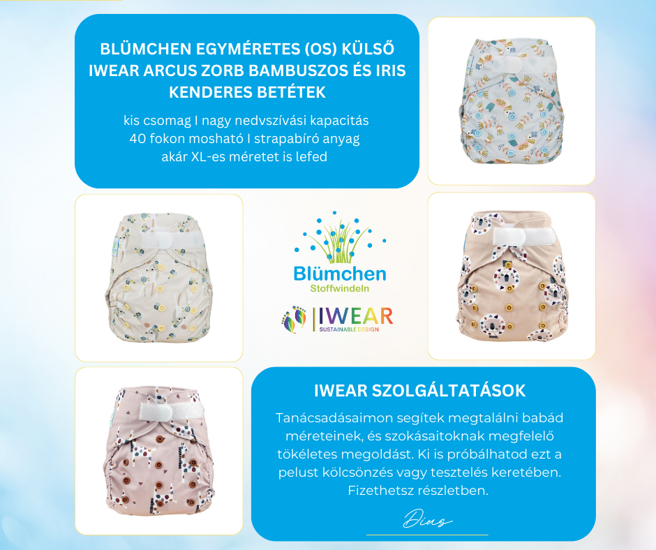 4. Blümchen egyméretes (OS / M-L-XL) csomag (1 db pelenkakülső dupla combgumival + 2 db IWEAR pelenkabetét - zorbos, kenderes)