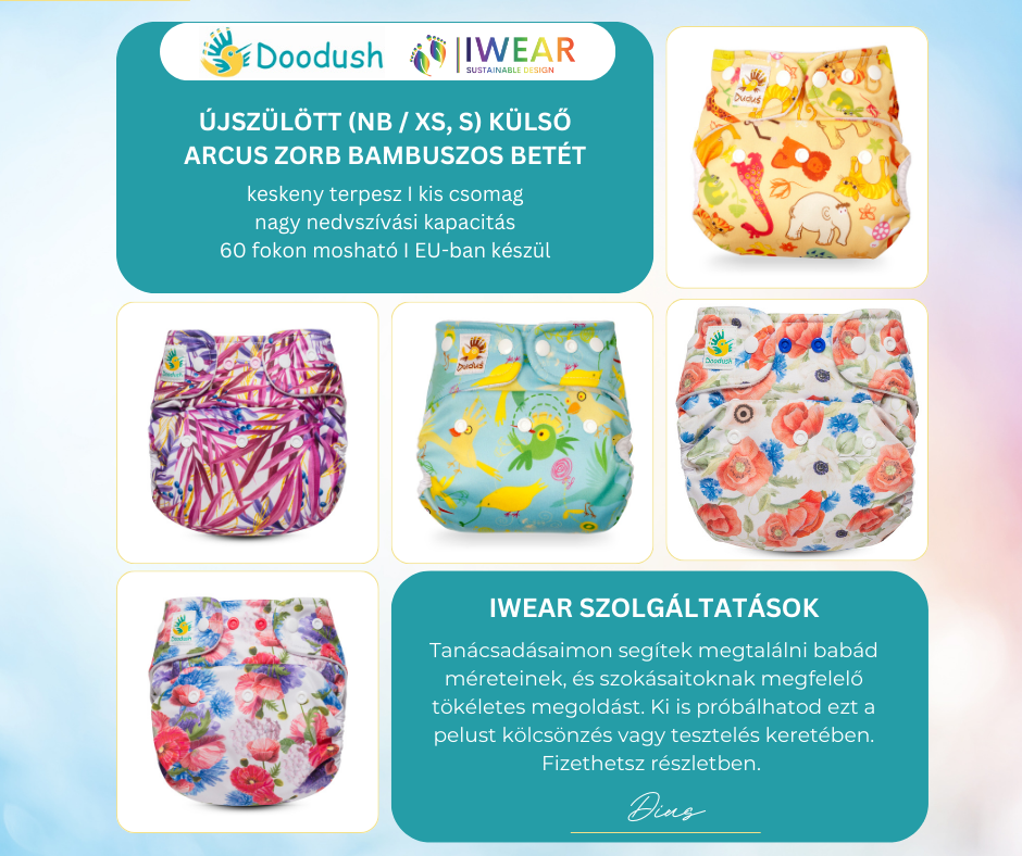 Doodush újszülött (NB / XS, S) csomag - 1 db pelenkakülső + 1 db IWEAR zorb pelenkabetét