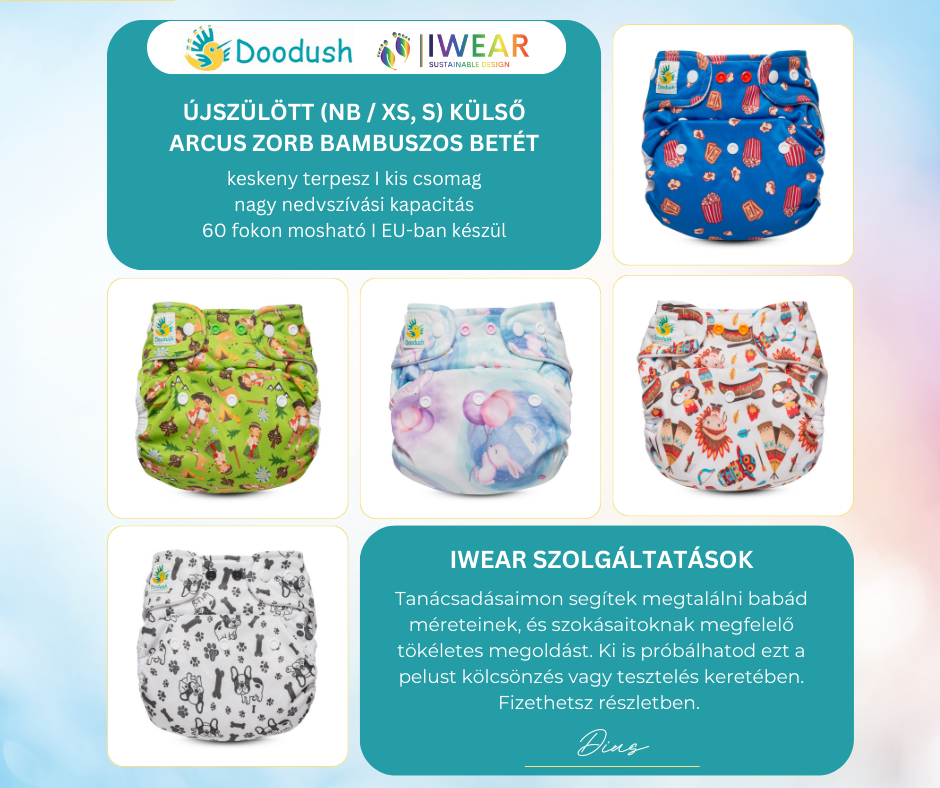 Doodush újszülött (NB / XS, S) csomag - 1 db pelenkakülső + 1 db IWEAR zorb pelenkabetét