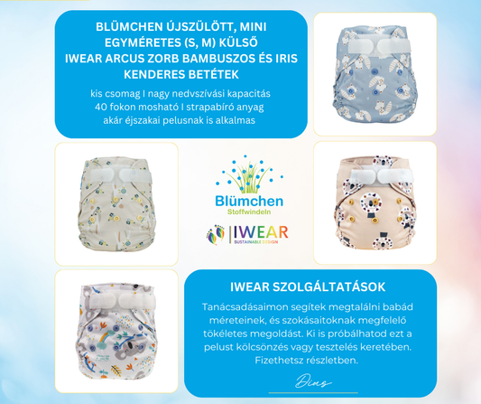 6. Blümchen újszülött, mini OS (S, M) csomag (1 db pelenkakülső dupla combgumival + 2 db IWEAR pelenkabetét - zorbos, kenderes)