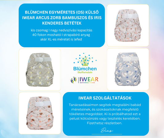 4. Blümchen egyméretes (OS / M-L-XL) csomag (1 db pelenkakülső dupla combgumival + 2 db IWEAR pelenkabetét - zorbos, kenderes)